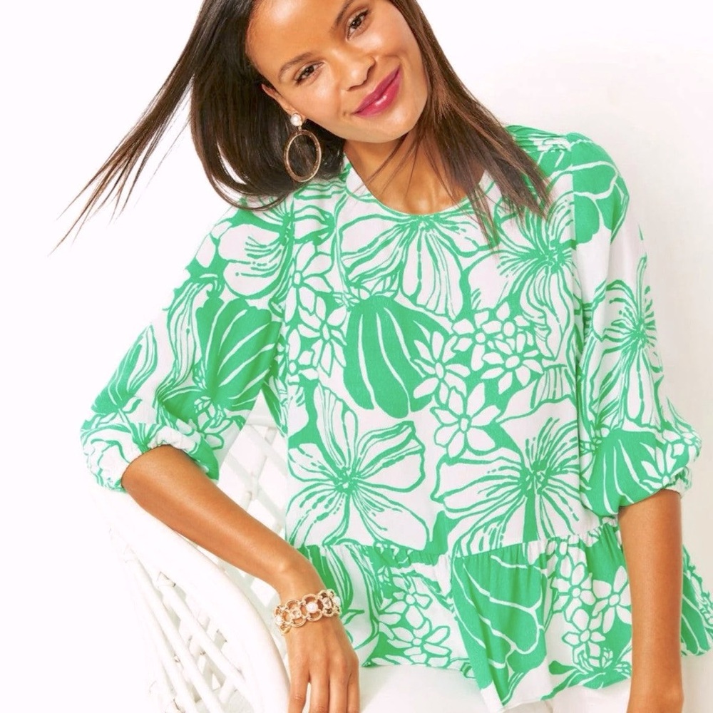 Lilly Pulitzer Aranea 3/4 Sleeve Top Green Spearmint Oversized Kiss My Tulips XS